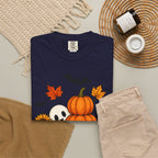 Halloween Pumpkin Stack T-Shirt — Cute Ghost, Sunflower & Falling Leaves Design