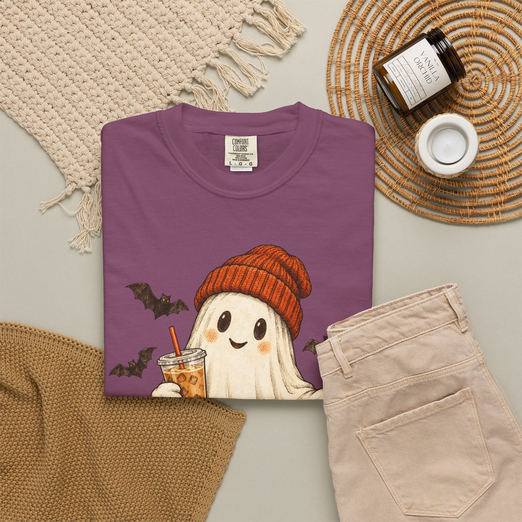 Halloween Ghost T-Shirt — Cute Ghost with Pumpkin & Coffee Graphic