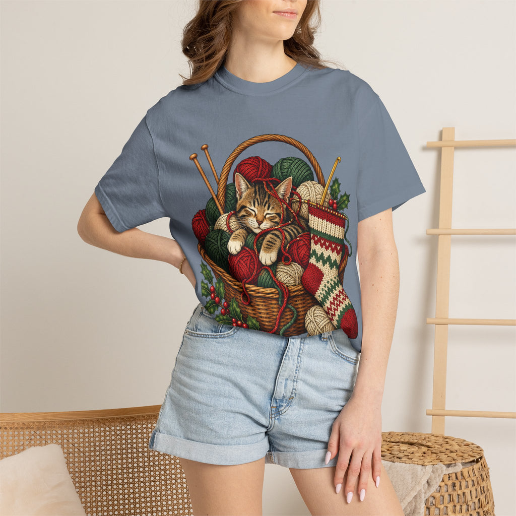 Cat in Yarn Basket T‑Shirt — Cozy Holiday Knitting Cat Tee