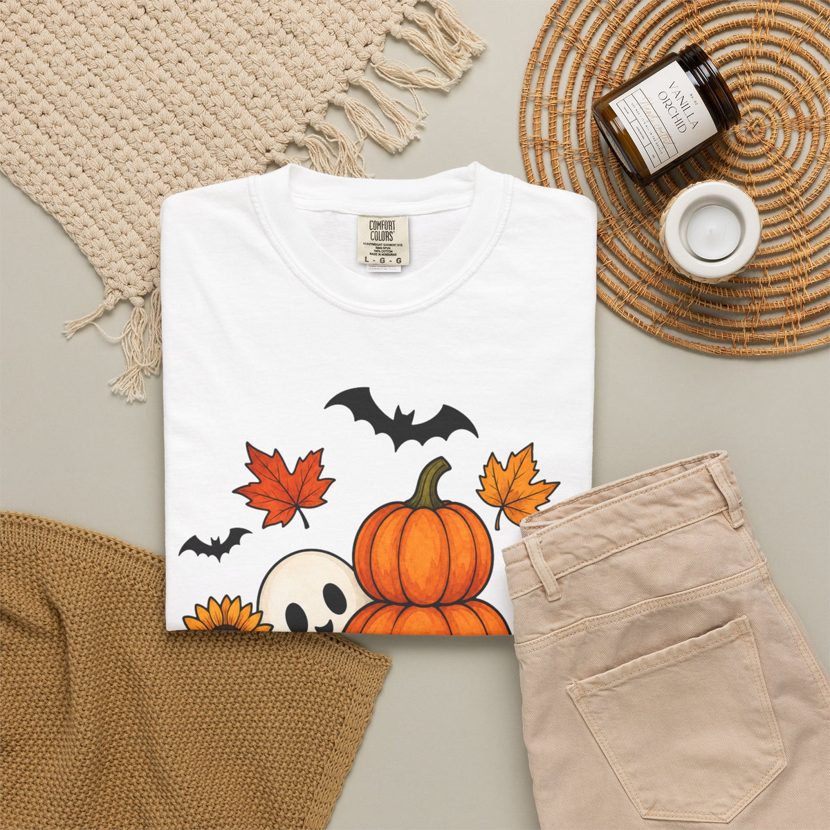 Halloween Pumpkin Stack T-Shirt — Cute Ghost, Sunflower & Falling Leaves Design