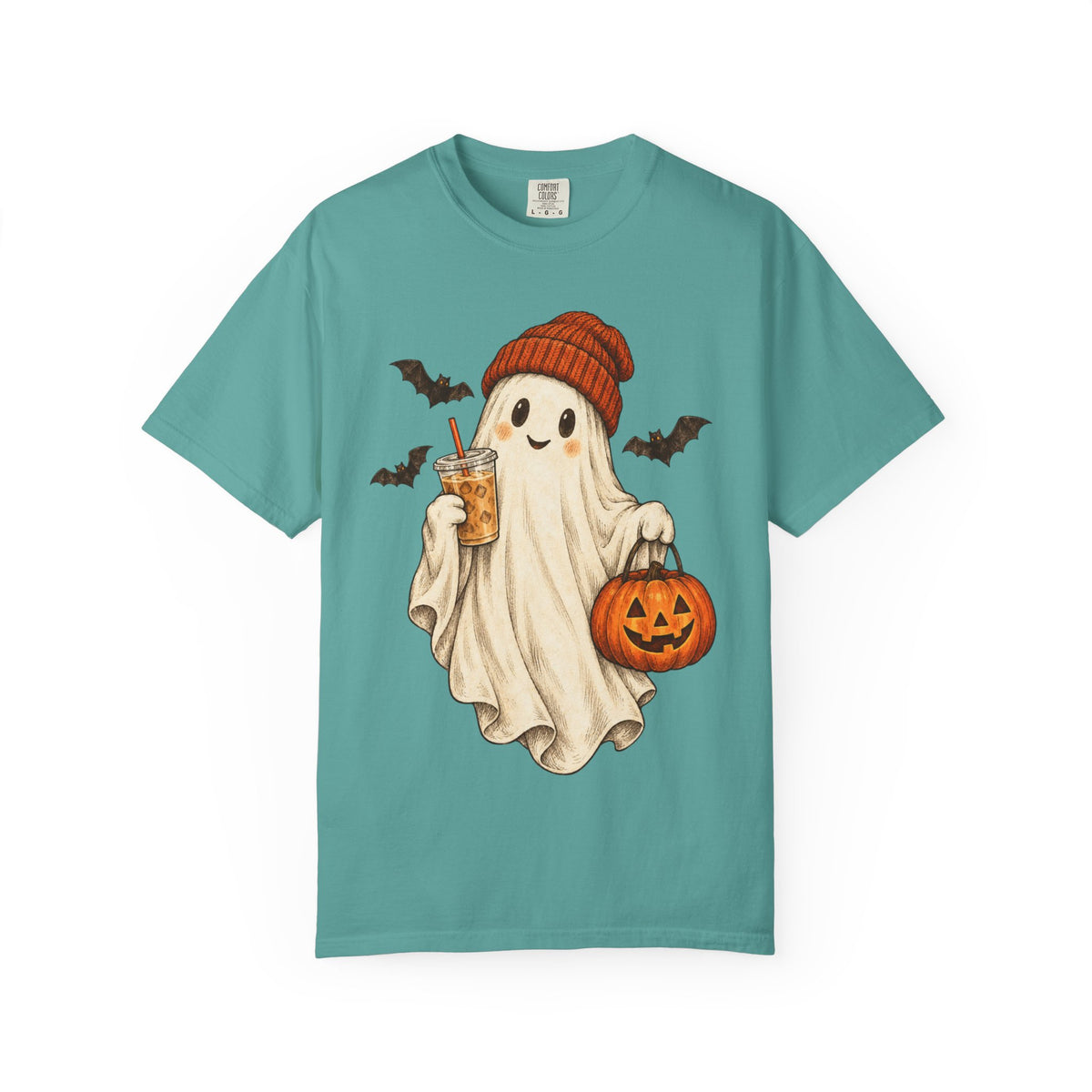 Halloween Ghost T-Shirt — Cute Ghost with Pumpkin & Coffee Graphic
