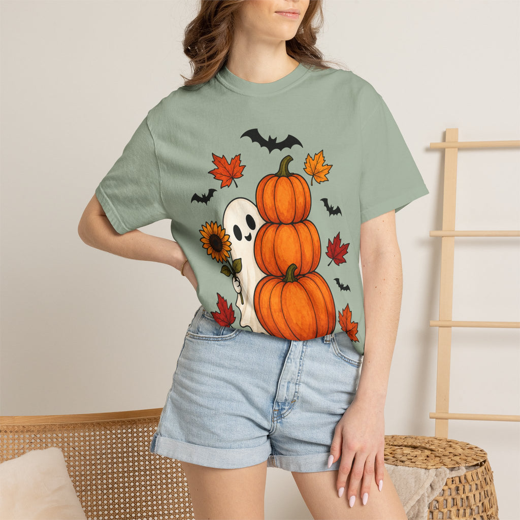 Halloween Pumpkin Stack T-Shirt — Cute Ghost, Sunflower & Falling Leaves Design