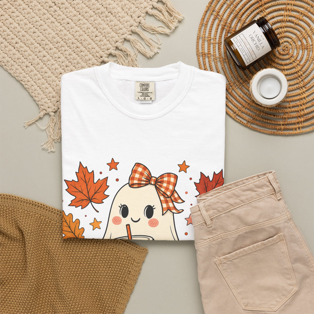 Cute Ghost Pumpkin Drink Tee — Fall Leaves Graphic T-Shirt