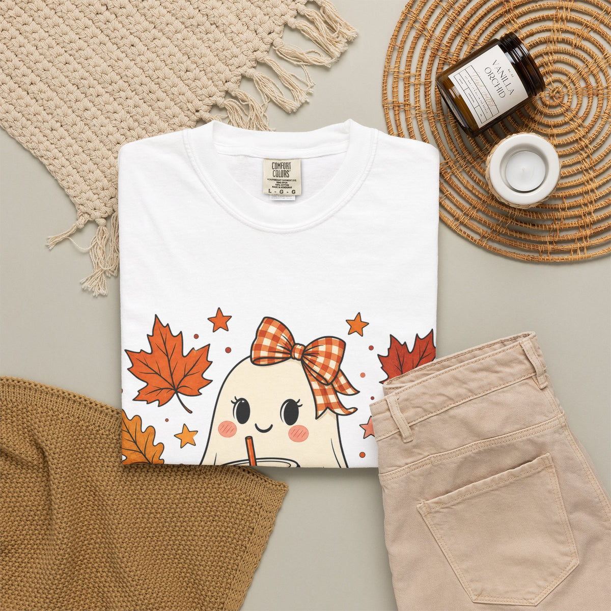 Cute Ghost Pumpkin Drink Tee — Fall Leaves Graphic T-Shirt