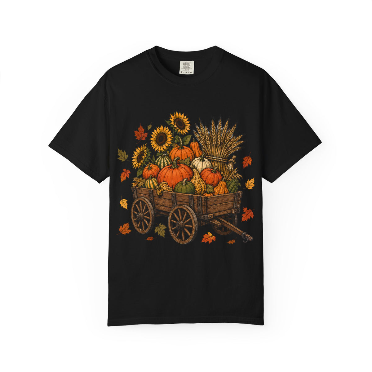 Autumn Harvest Wagon T-Shirt — Pumpkin & Sunflower Fall Tee