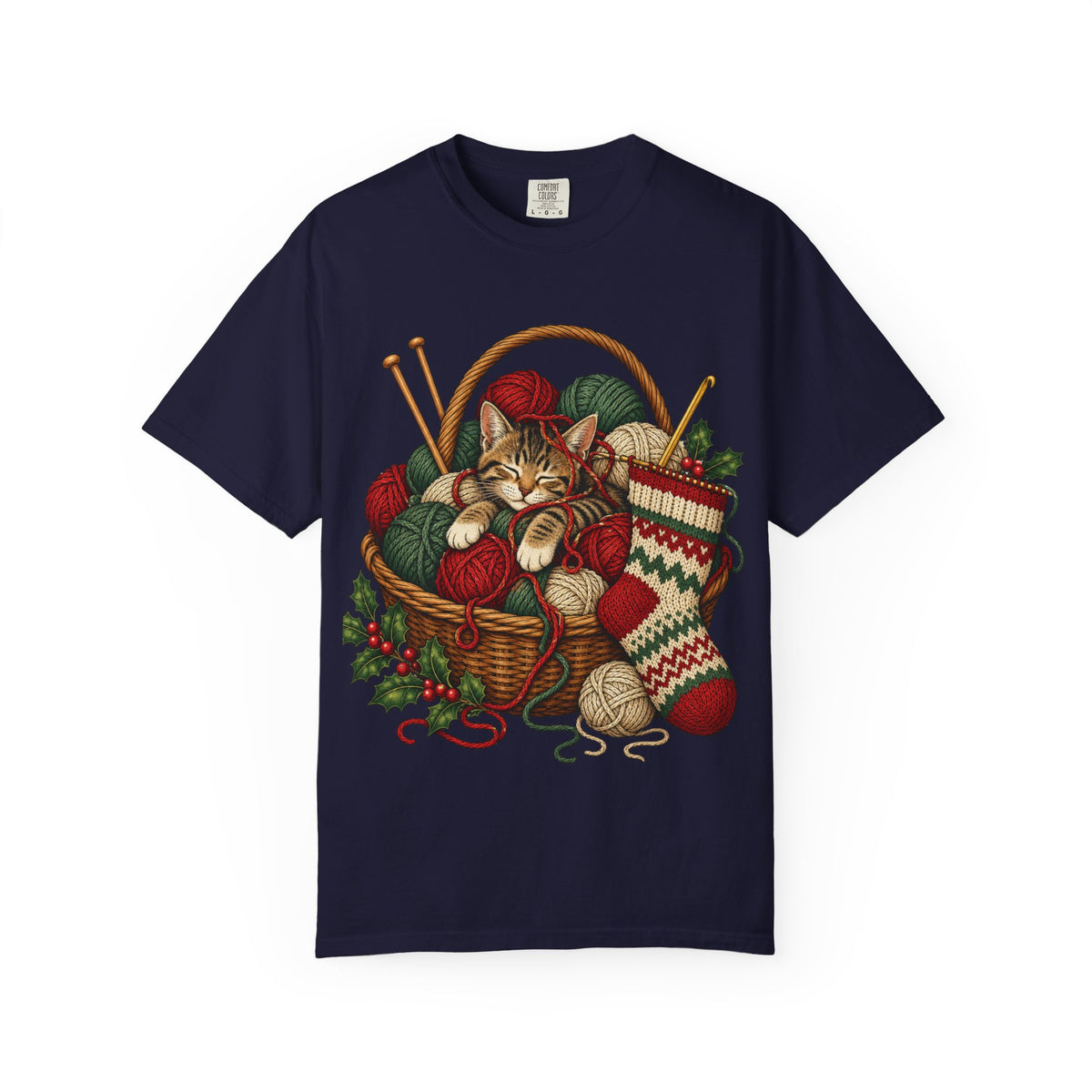Cat in Yarn Basket T‑Shirt — Cozy Holiday Knitting Cat Tee