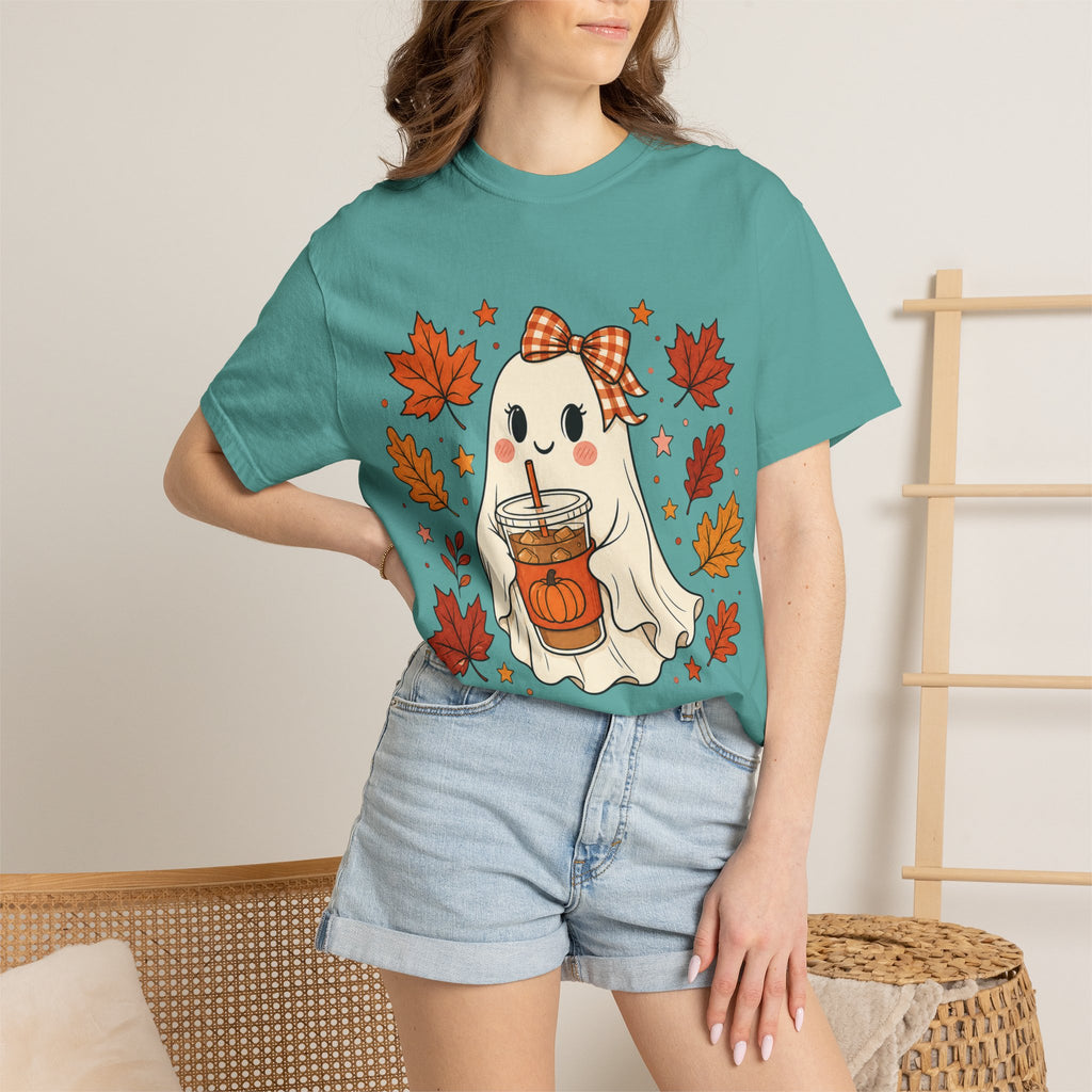 Cute Ghost Pumpkin Drink Tee — Fall Leaves Graphic T-Shirt