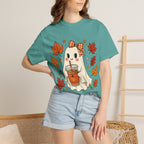 Cute Ghost Pumpkin Drink Tee — Fall Leaves Graphic T-Shirt