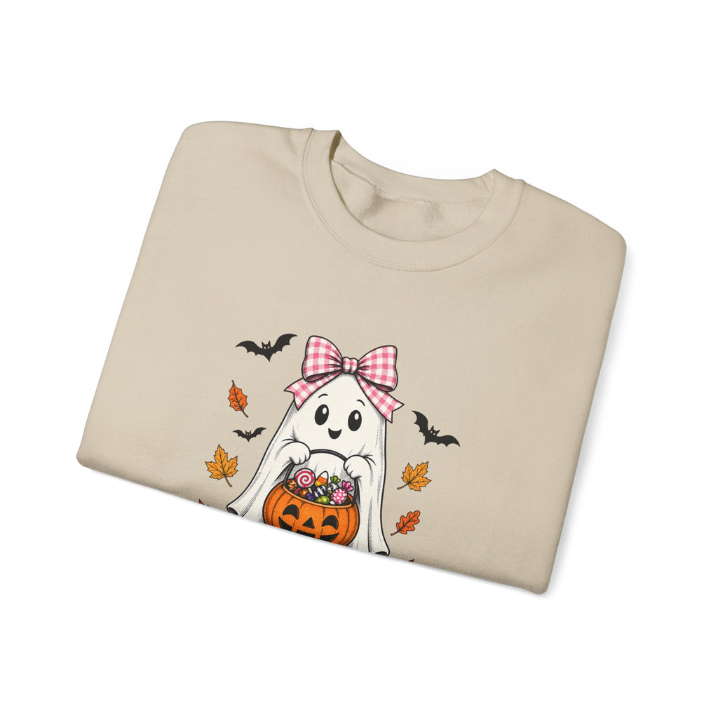 Cute Halloween Ghost Sweatshirt – Girl Ghost with Pumpkin Basket & Bats
