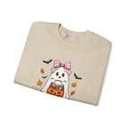 Cute Halloween Ghost Sweatshirt – Girl Ghost with Pumpkin Basket & Bats
