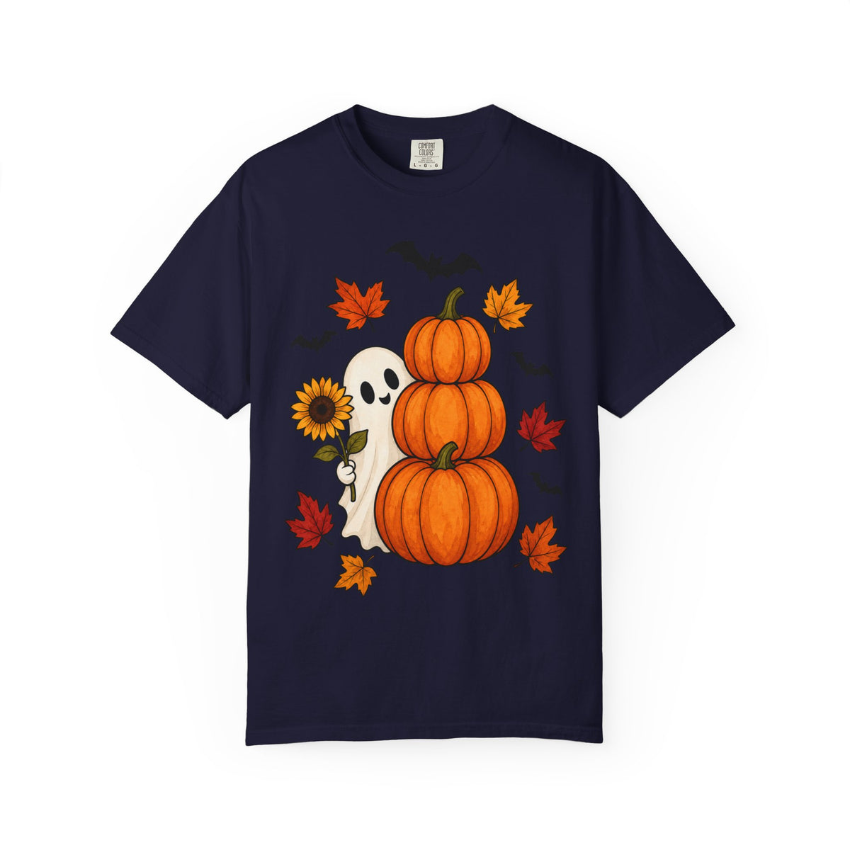 Halloween Pumpkin Stack T-Shirt — Cute Ghost, Sunflower & Falling Leaves Design