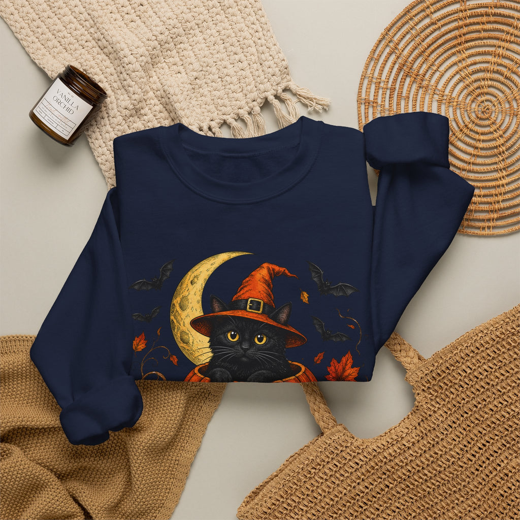 Halloween Black Cat Pumpkin Sweatshirt — Witch Hat, Moon & Bats Crewneck