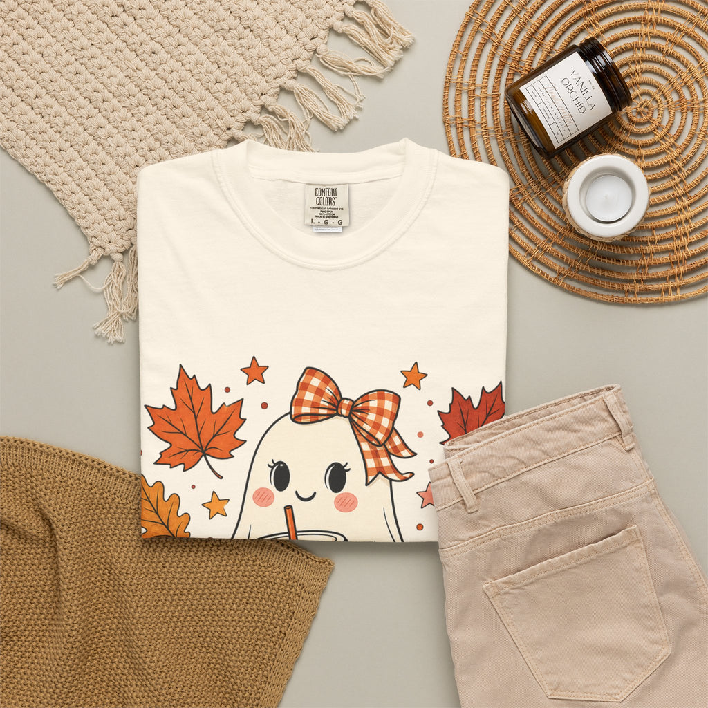 Cute Ghost Pumpkin Drink Tee — Fall Leaves Graphic T-Shirt