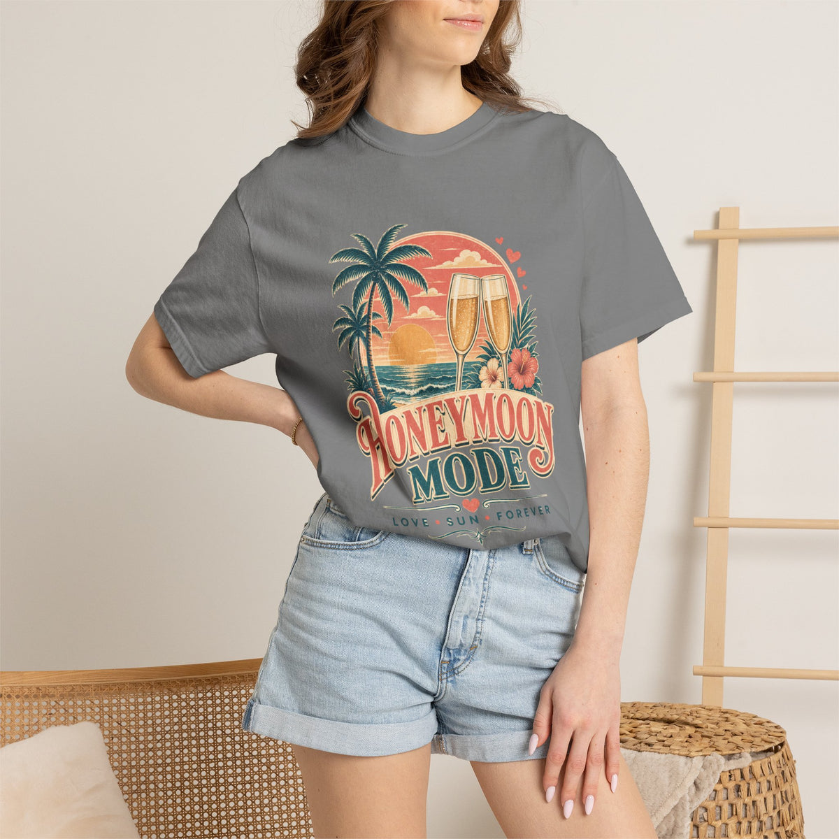 Honeymoon Mode T-Shirt — Tropical Sunset Couple Vacation Tee