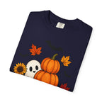 Halloween Pumpkin Stack T-Shirt — Cute Ghost, Sunflower & Falling Leaves Design