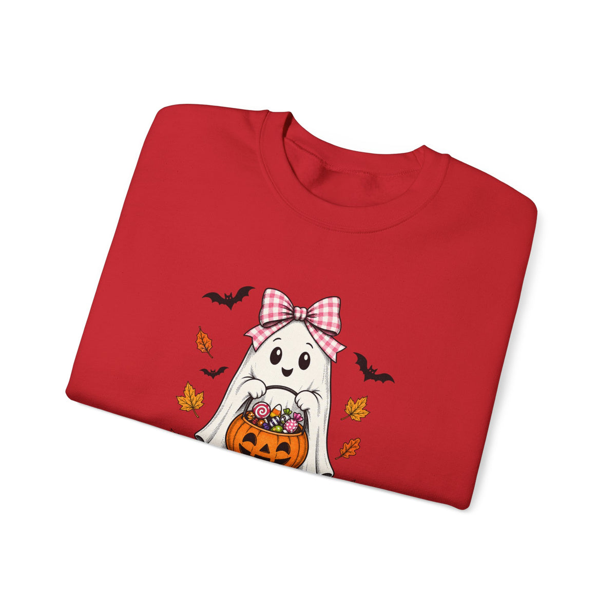 Cute Halloween Ghost Sweatshirt – Girl Ghost with Pumpkin Basket & Bats