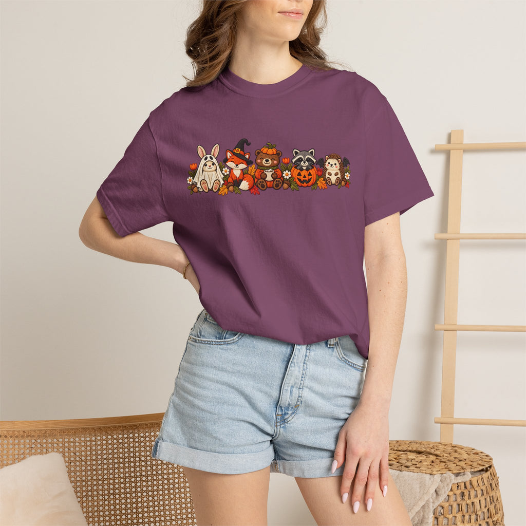 Halloween Critter Lineup T-Shirt — Cute Pumpkin, Witch & Bunny Spooky Crew