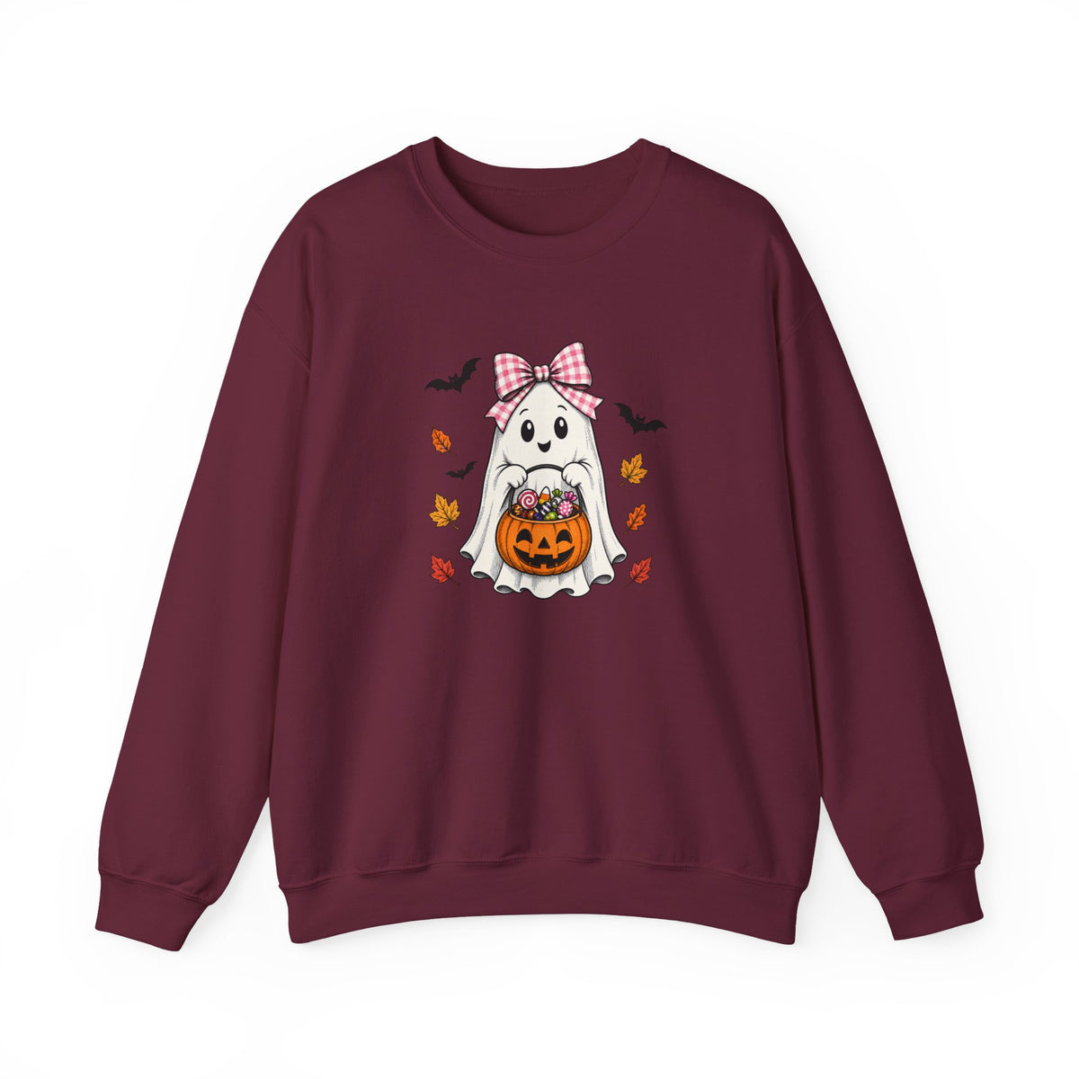 Cute Halloween Ghost Sweatshirt – Girl Ghost with Pumpkin Basket & Bats