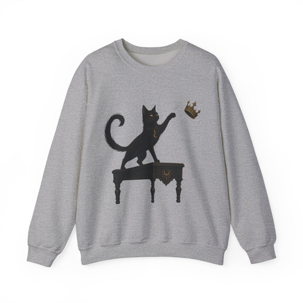 Cat with Crown Crewneck Sweatshirt — Playful Black Cat Graphic