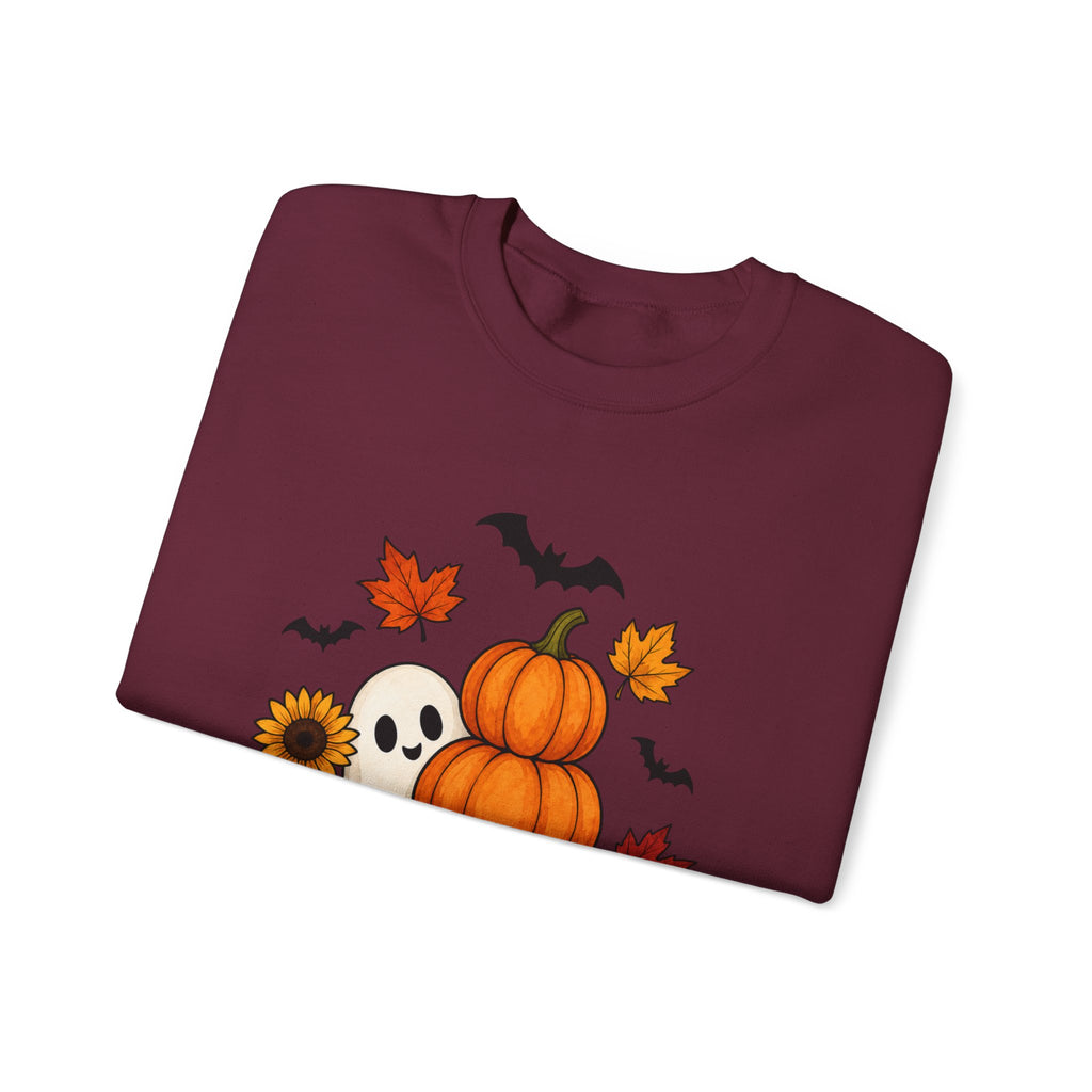 Halloween Pumpkin Stack Crewneck Sweatshirt — Ghost, Sunflower & Falling Leaves Design