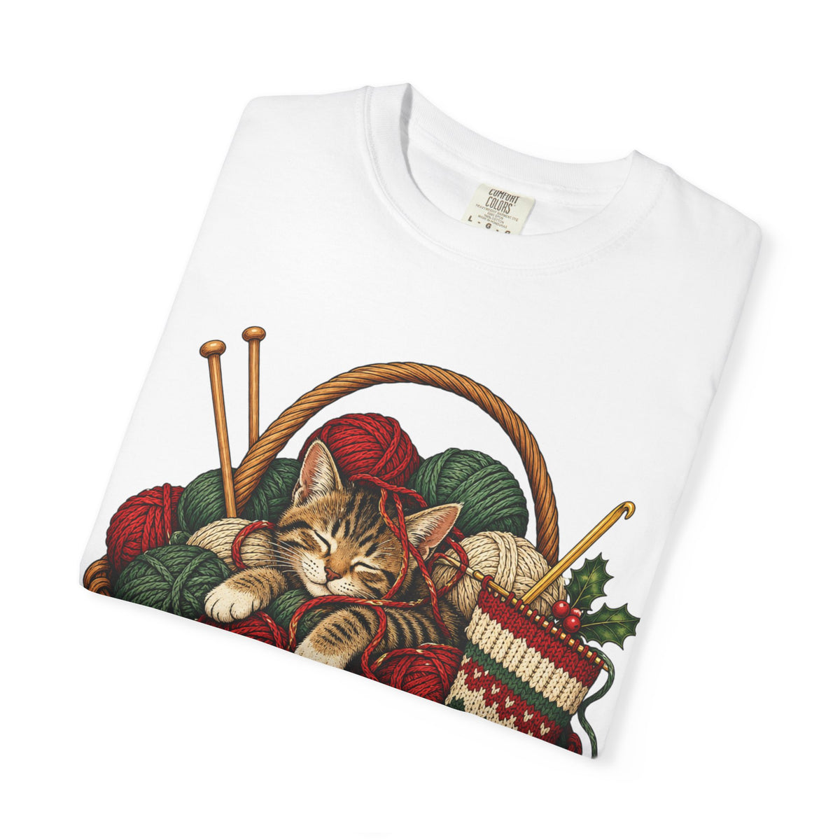 Cat in Yarn Basket T‑Shirt — Cozy Holiday Knitting Cat Tee