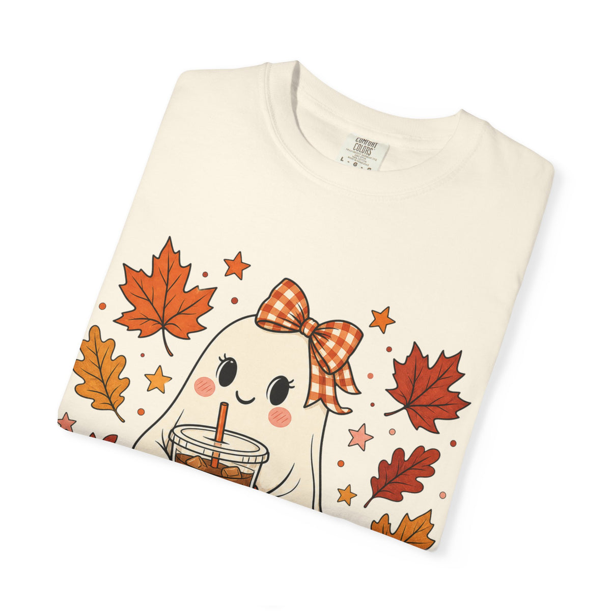 Cute Ghost Pumpkin Drink Tee — Fall Leaves Graphic T-Shirt