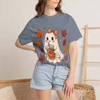 Cute Ghost Pumpkin Drink Tee — Fall Leaves Graphic T-Shirt