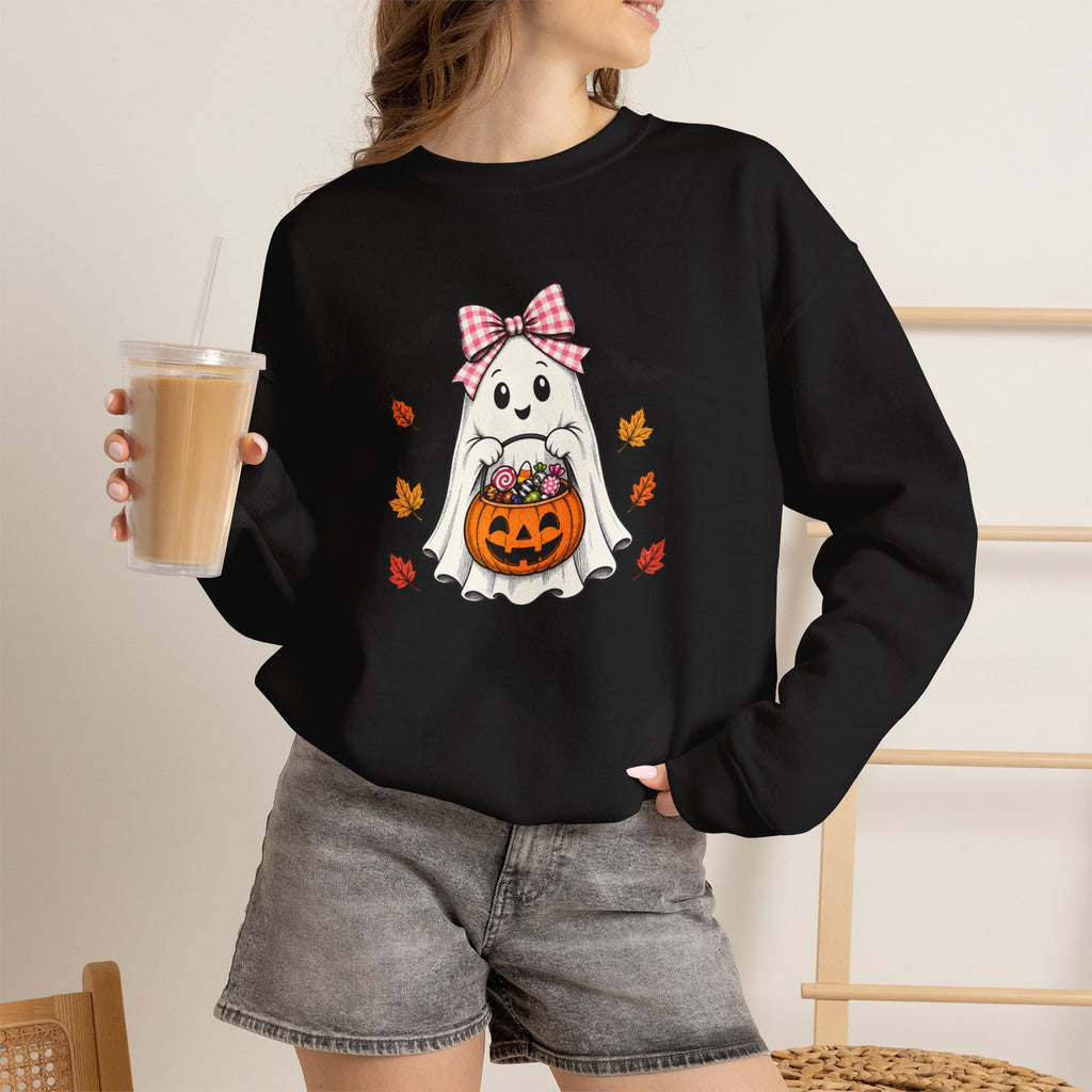 Cute Halloween Ghost Sweatshirt – Girl Ghost with Pumpkin Basket & Bats