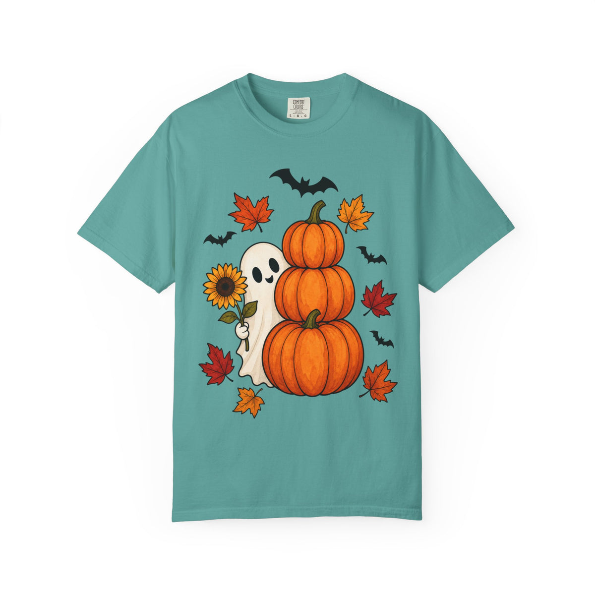 Halloween Pumpkin Stack T-Shirt — Cute Ghost, Sunflower & Falling Leaves Design