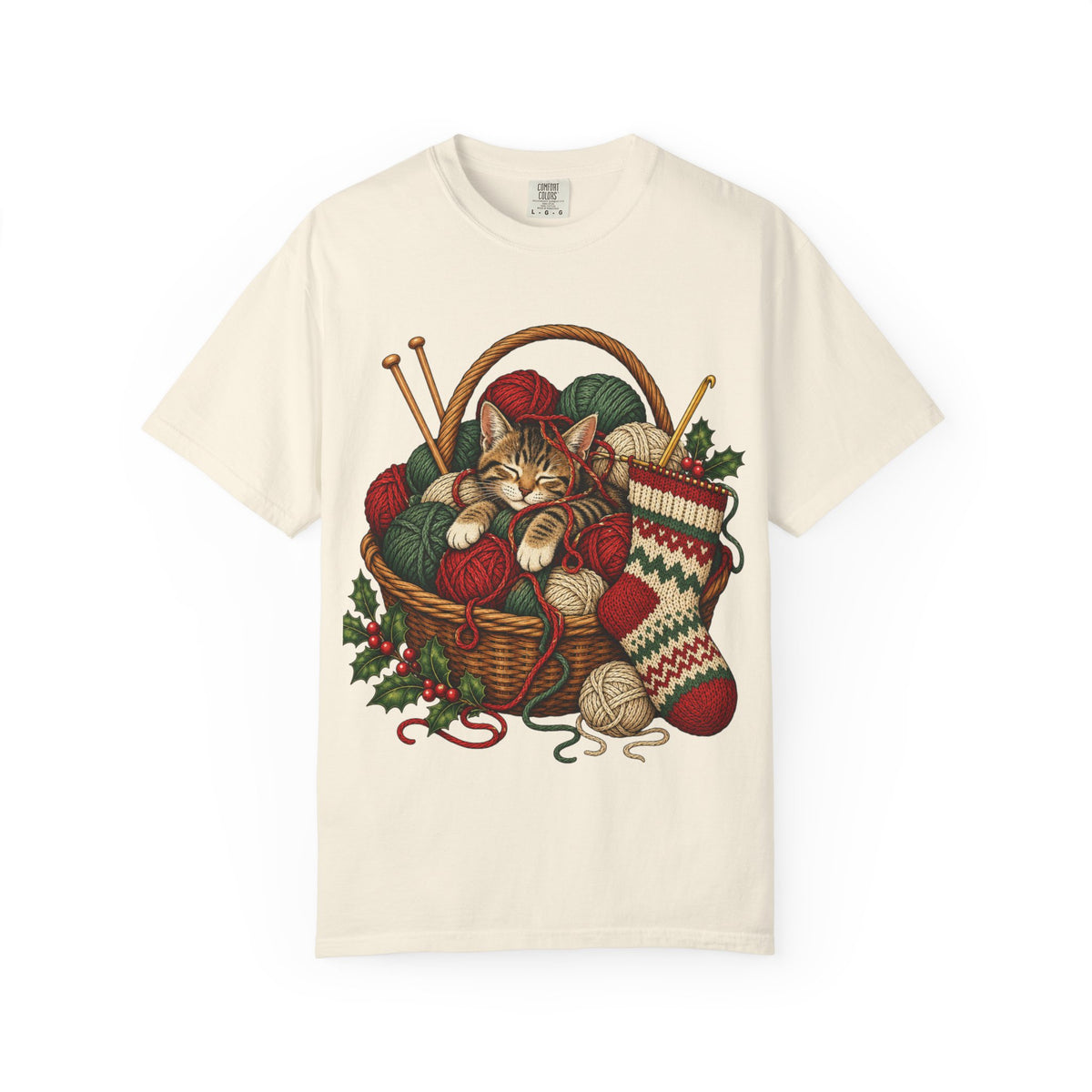 Cat in Yarn Basket T‑Shirt — Cozy Holiday Knitting Cat Tee