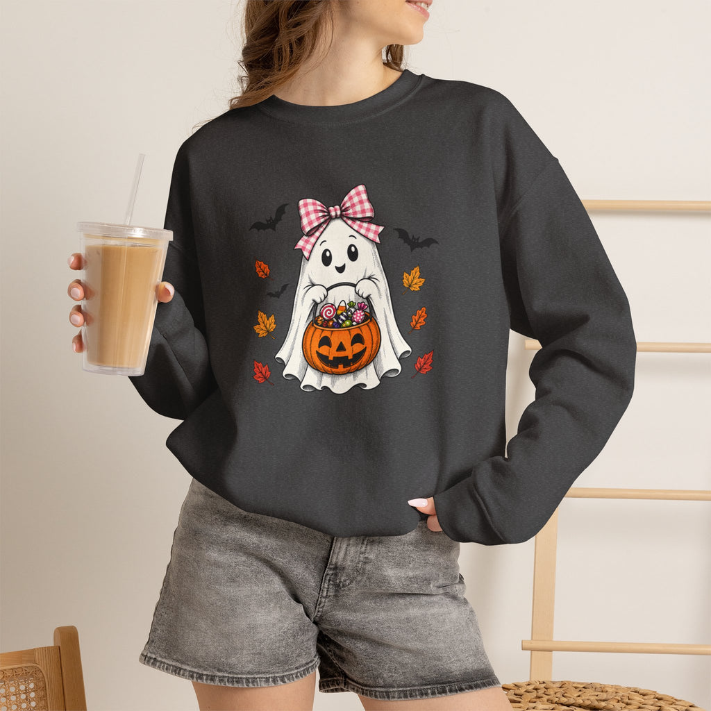 Cute Halloween Ghost Sweatshirt – Girl Ghost with Pumpkin Basket & Bats