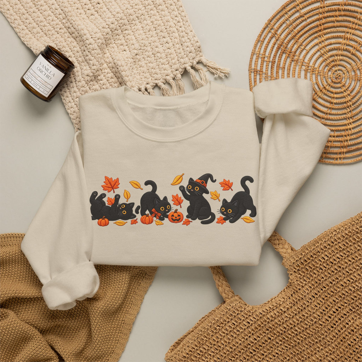 Herbst-Sweatshirt mit schwarzem Katzen-Motiv