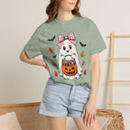 Cute Halloween Ghost T-Shirt — Trick-or-Treat Pumpkin & Bats