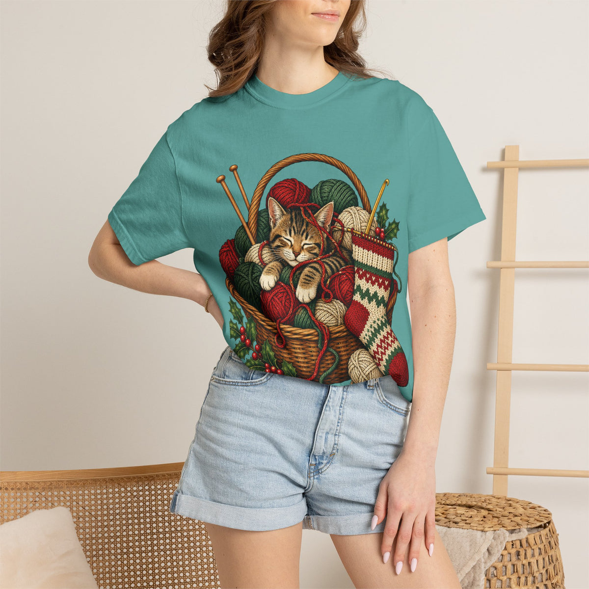 Cat in Yarn Basket T‑Shirt — Cozy Holiday Knitting Cat Tee