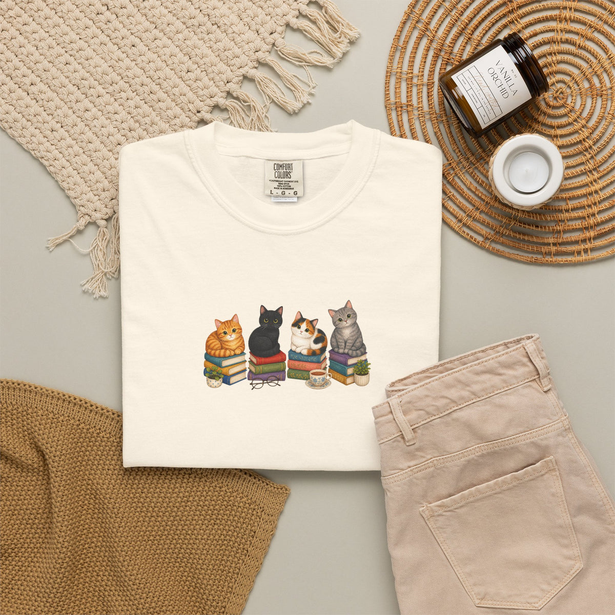 Cat Knit Crew T-Shirt — Cozy Cats Sitting Together Graphic Tee