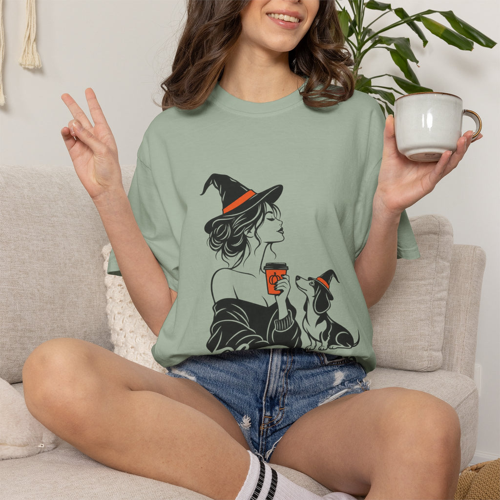 Her Human Witch Tee — Halloween Witch & Dog Graphic T-Shirt