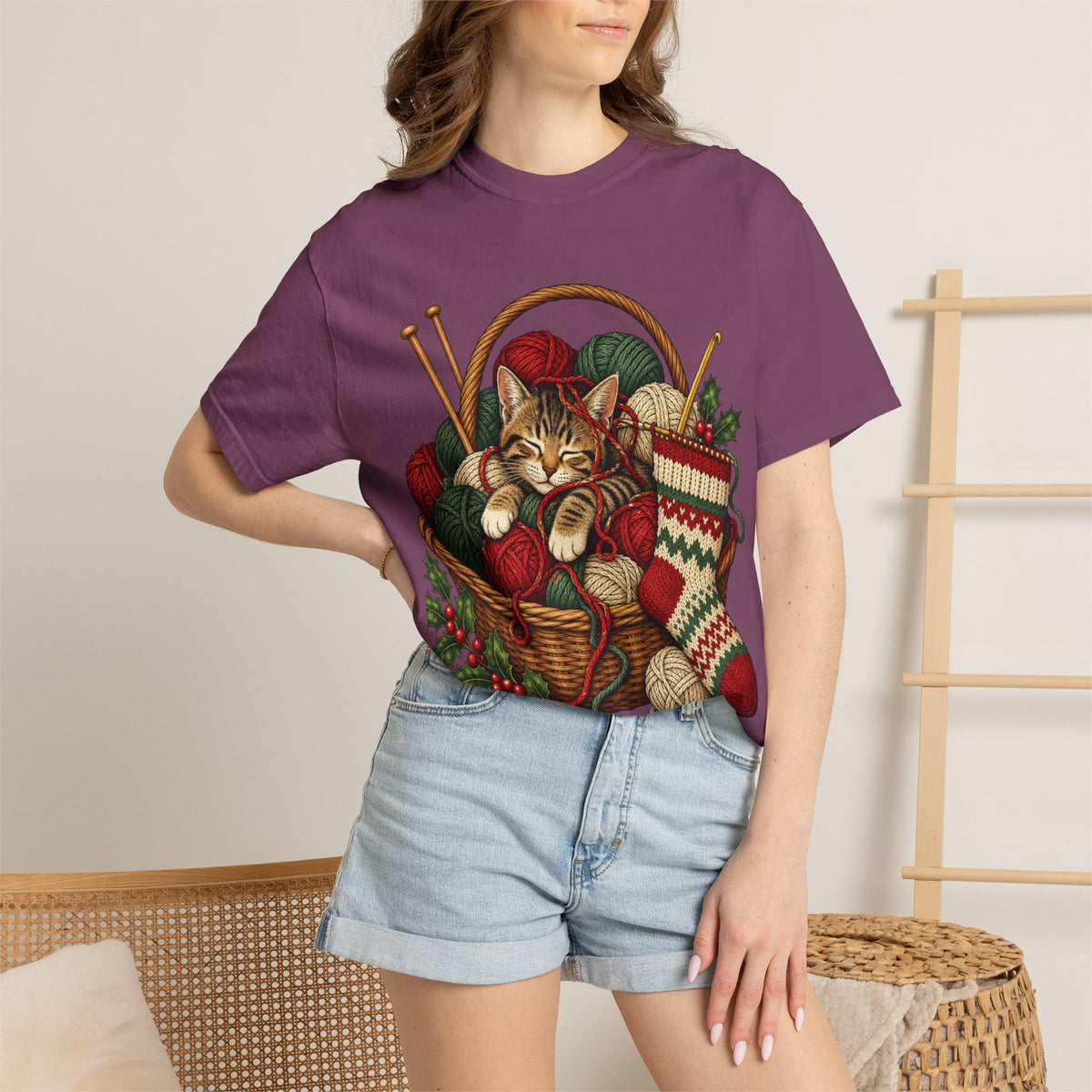Cat in Yarn Basket T‑Shirt — Cozy Holiday Knitting Cat Tee