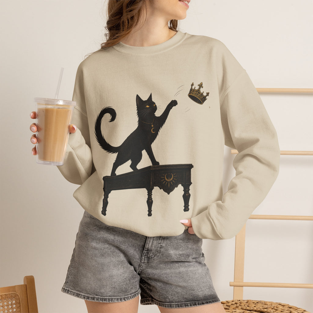 Cat with Crown Crewneck Sweatshirt — Playful Black Cat Graphic