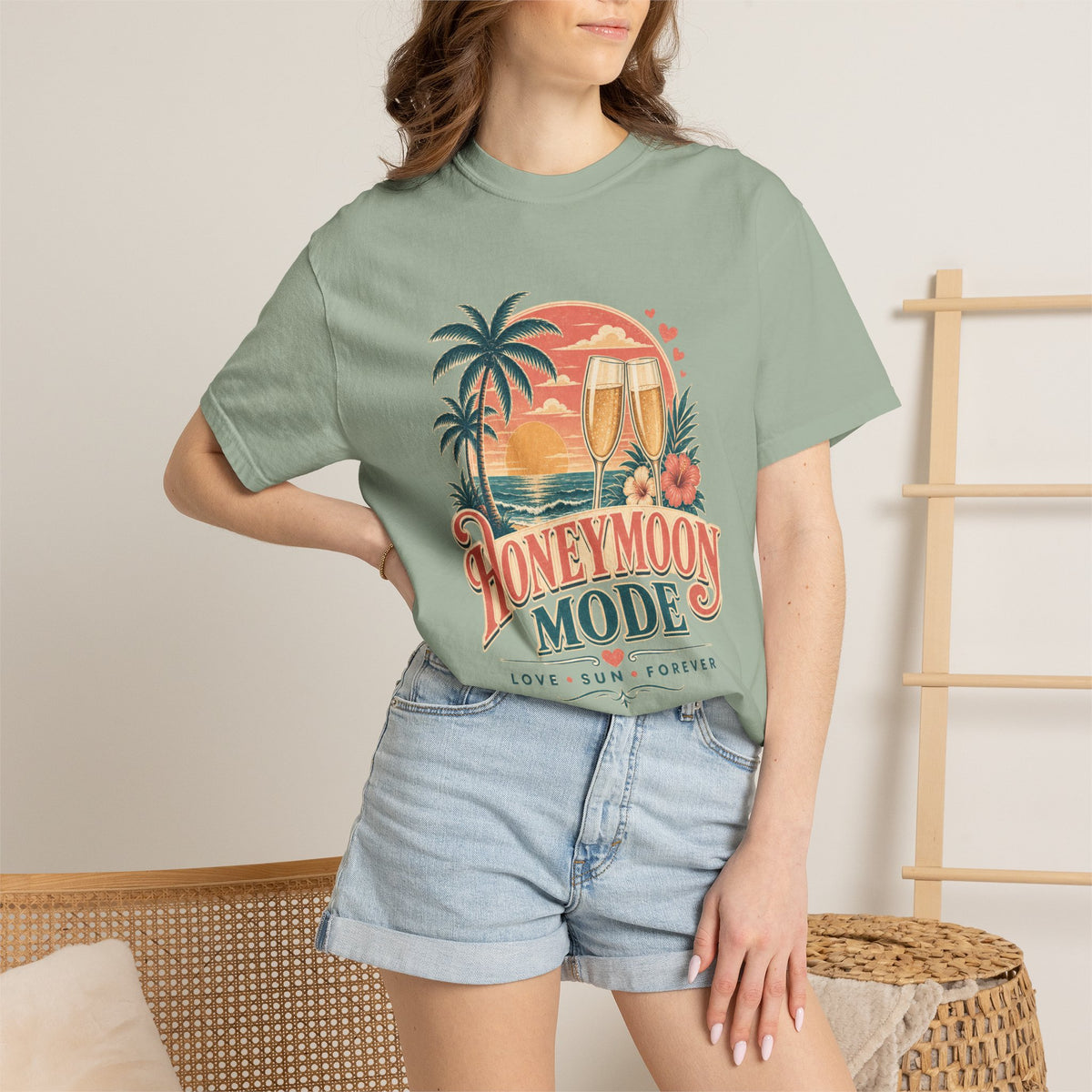 Honeymoon Mode T-Shirt — Tropical Sunset Couple Vacation Tee