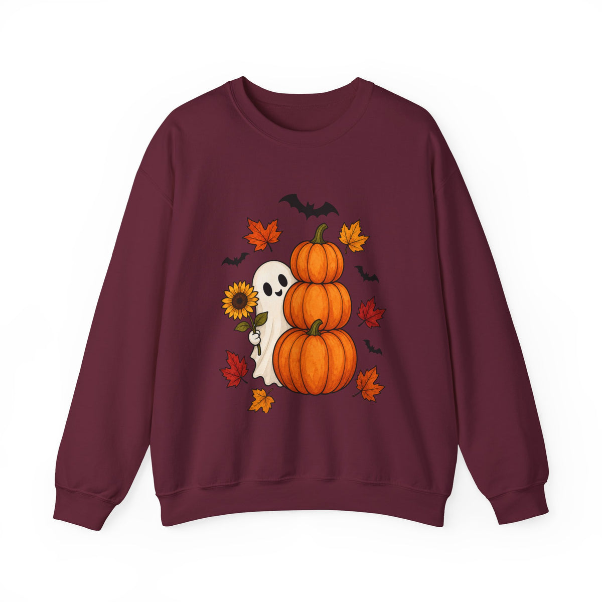 Halloween Pumpkin Stack Crewneck Sweatshirt — Ghost, Sunflower & Falling Leaves Design