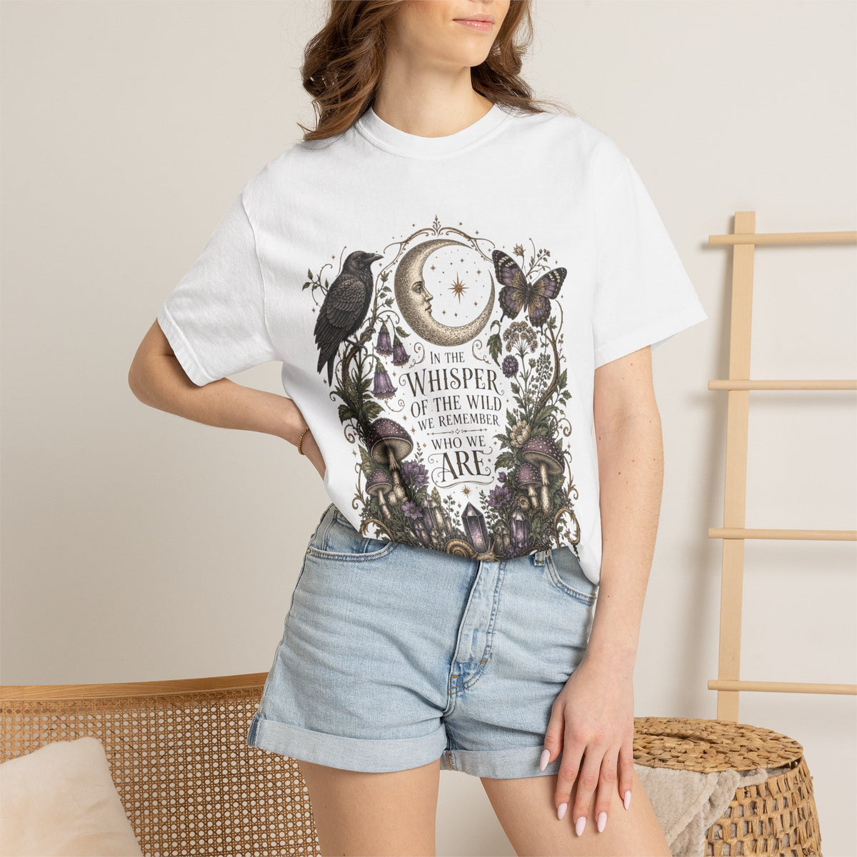 Whisper of the Wild T-Shirt — Moon, Raven & Mushroom Nature Graphic