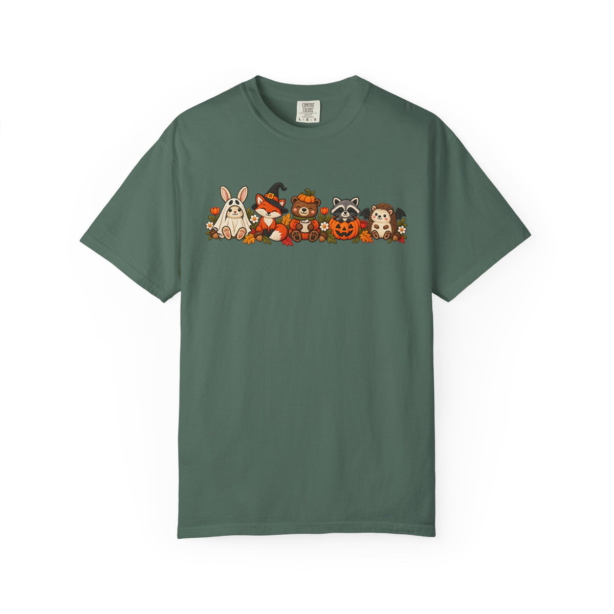 Halloween Critter Lineup T-Shirt — Cute Pumpkin, Witch & Bunny Spooky Crew