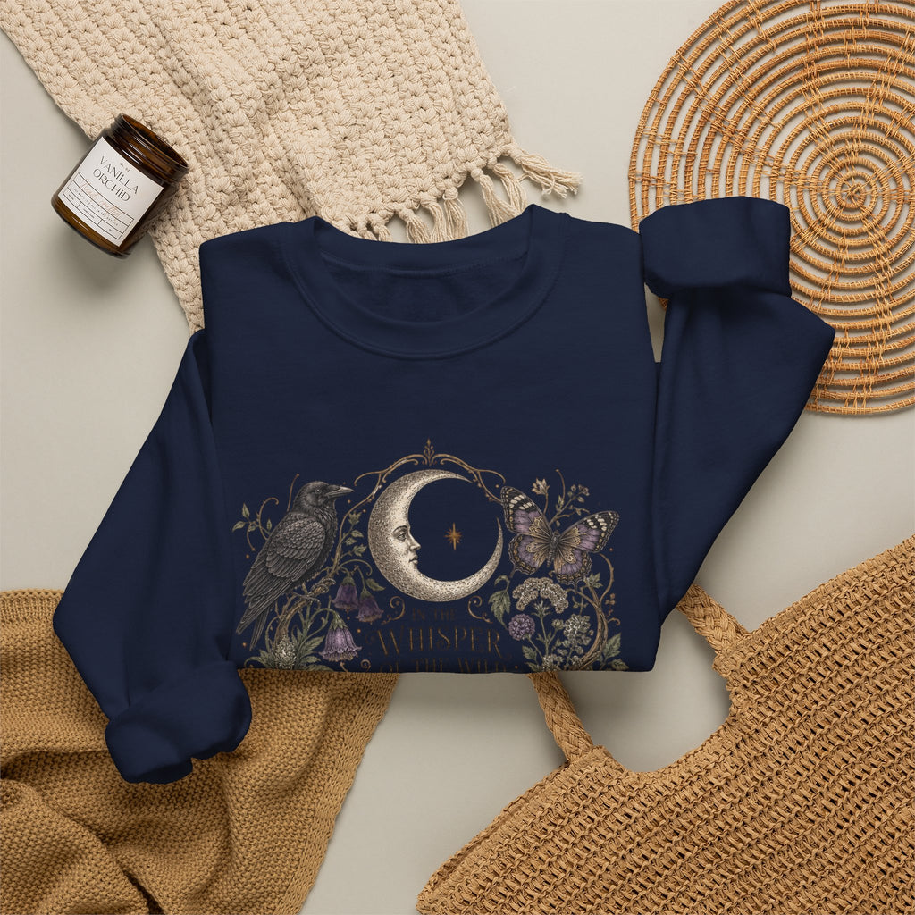 Mystic Moon & Mushroom Crewneck Sweatshirt — "Whisper to the Wild" Nature Graphic