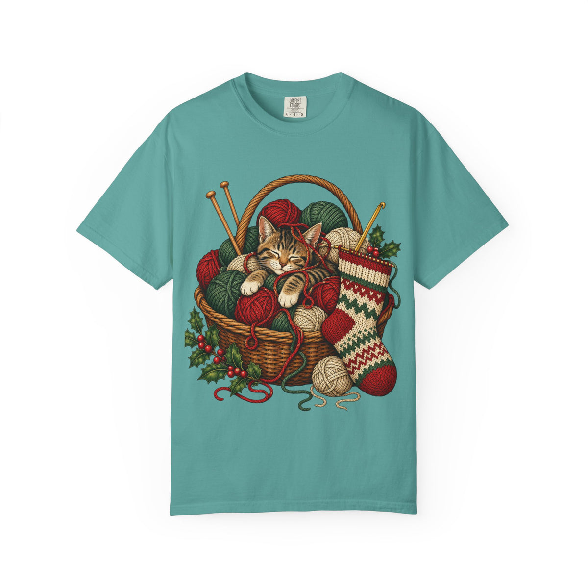 Cat in Yarn Basket T‑Shirt — Cozy Holiday Knitting Cat Tee