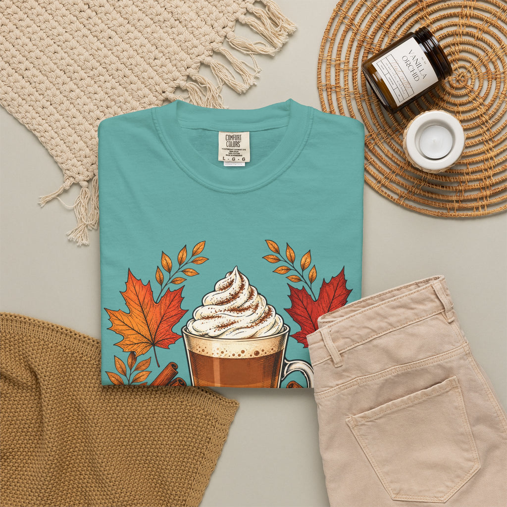 Pumpkin Spice Latte T-Shirt — Autumn Coffee Fall Leaves Tee