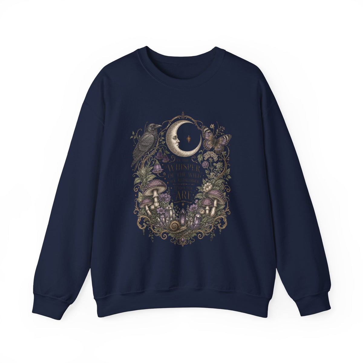 Mystic Moon & Mushroom Crewneck Sweatshirt — "Whisper to the Wild" Nature Graphic