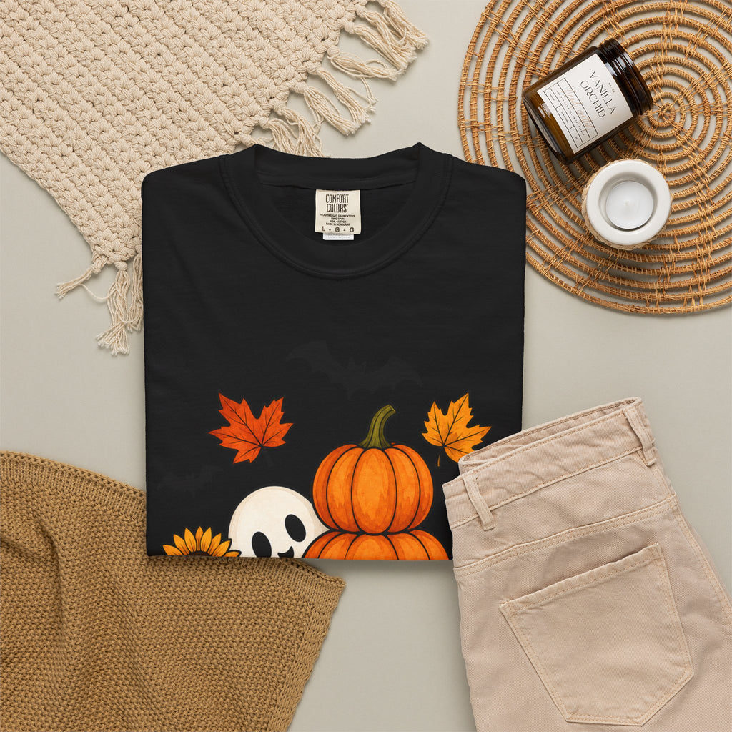 Halloween Pumpkin Stack T-Shirt — Cute Ghost, Sunflower & Falling Leaves Design
