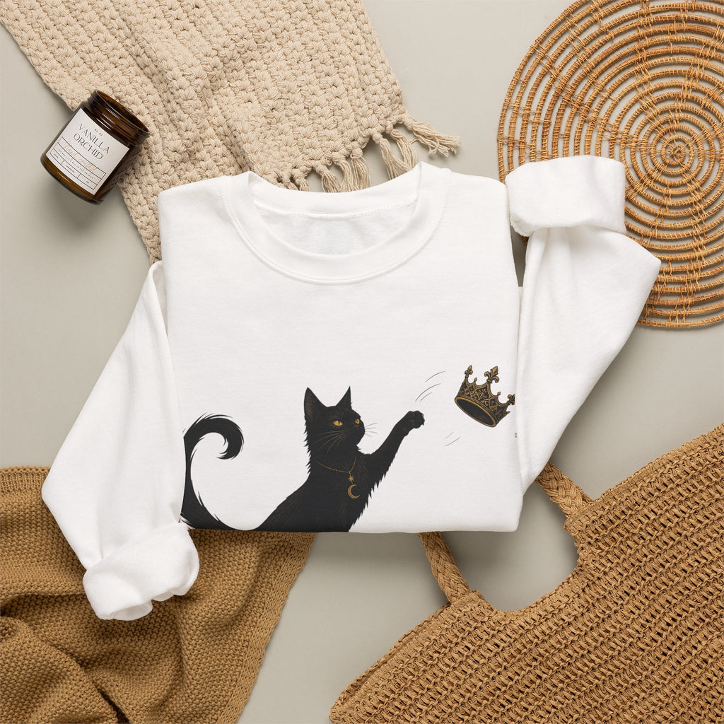 Cat with Crown Crewneck Sweatshirt — Playful Black Cat Graphic
