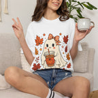 Cute Ghost Pumpkin Drink Tee — Fall Leaves Graphic T-Shirt