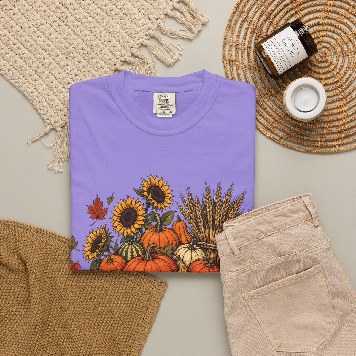 T-Shirt „Herbsternte-Wagen“ — Kürbis & Sonnenblume Herbst-T-Shirt